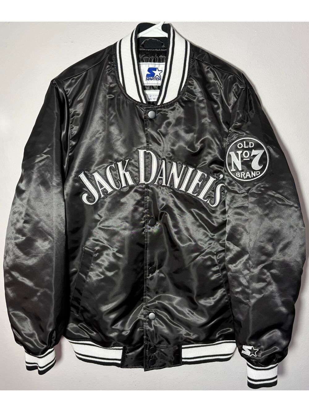 JACK DANIELS Black Satin Bomber STARTER Jacket Mens Sz M Tennessee Whiskey